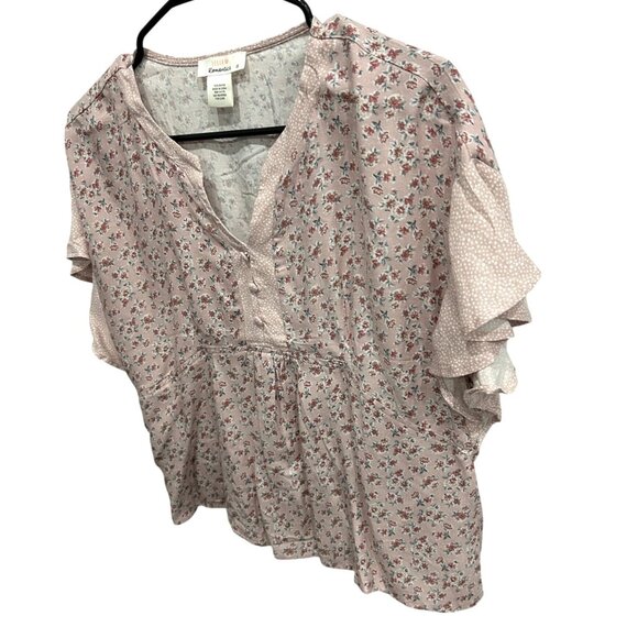 Urban Romantics Pink Floral Short Sleeve Blouse Button Front Ruffle Size S - Picture 3 of 9